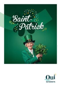 "Célébration de la Saint-Patrick dans une résidence seniors Oui Seniors avec décoration verte et moment convivial entre résidents."
